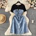 Women's Clothing Temperament Age Reducing Two Piece Dress For Women Round Neck Short Sleeves Patchwork Waist Denim Long Skirt_mkmklike.com