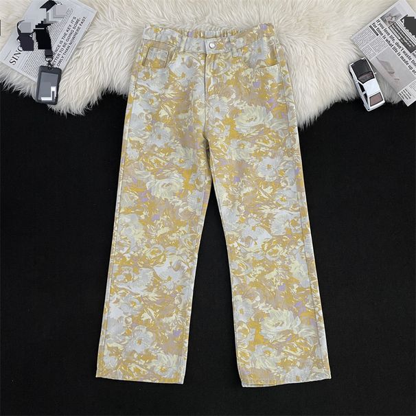 Men's Clothing Jeans For Men And Women, Slim Fit, Slightly Flared, Loose, Blurred Floral Yellow Wide Leg Pants_mkmklike.com