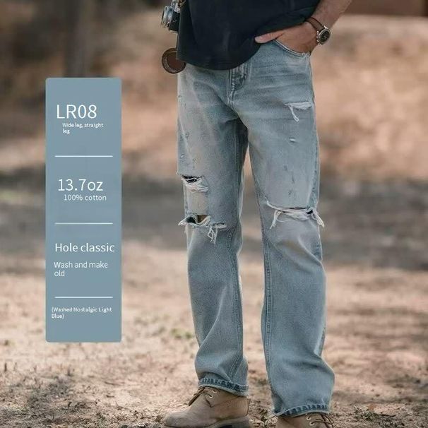 Men's Designer Distressed Jeans – Relaxed Straight Fit (Light Blue, Premium Cotton, S-3XL, Streetwear Essential)_mkmklike.com