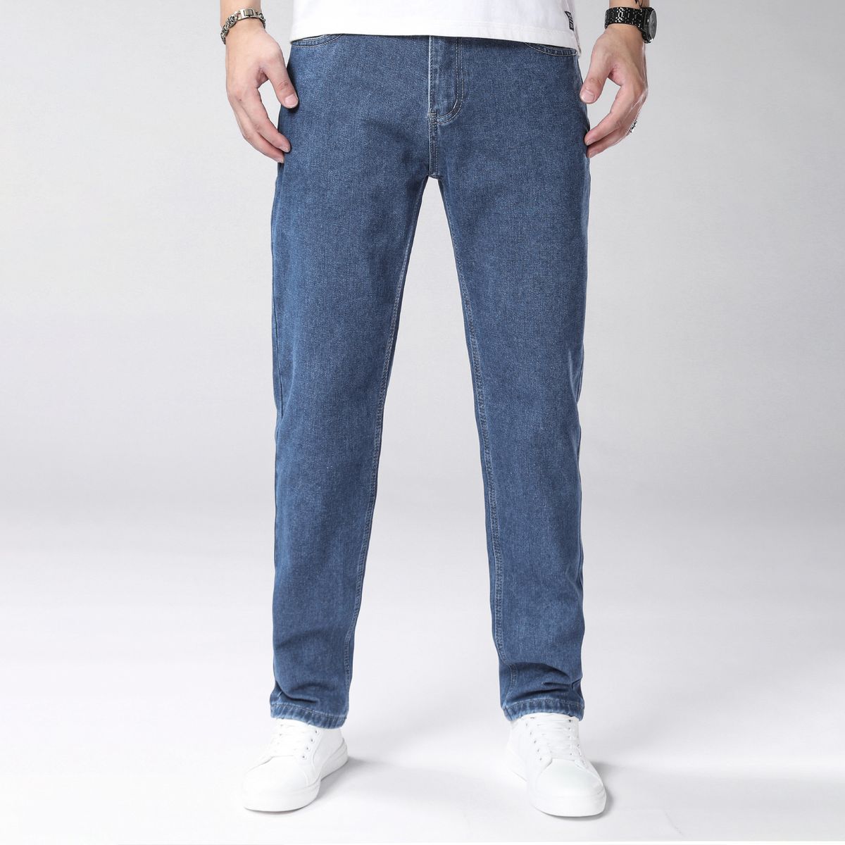 Men's Slim Fit Jeans - Classic Blue Denim Pants With Washed Finish, Cotton Blend Fabric, Straight Leg Design For Casual Style_mkmklike.com