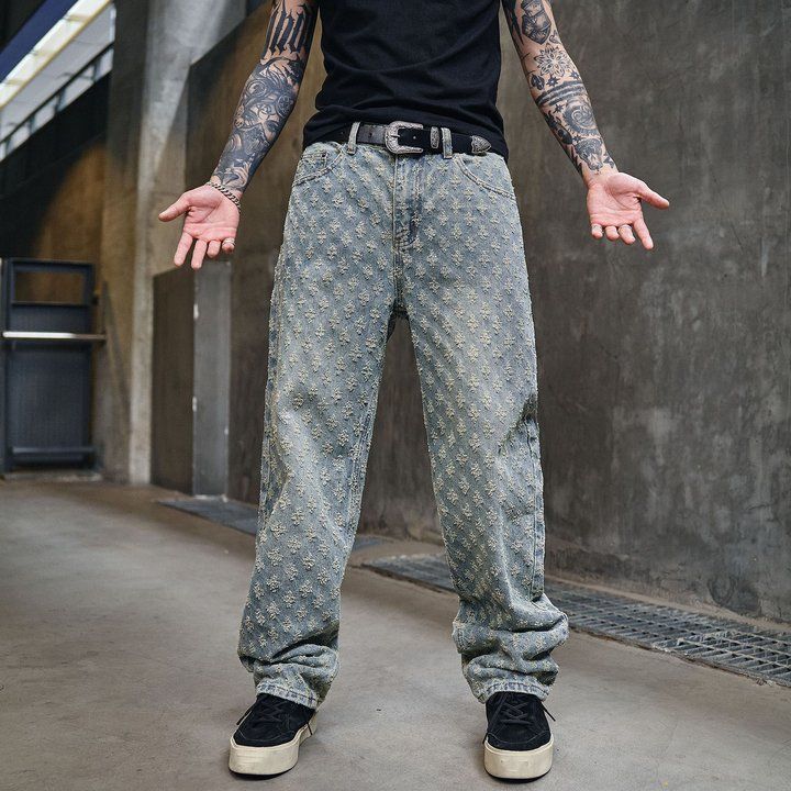 Men's Clothing Print High Street Fashion Brand Ins Design Jeans Loose Straight Washed Wide Leg Long Pants_mkmklike.com