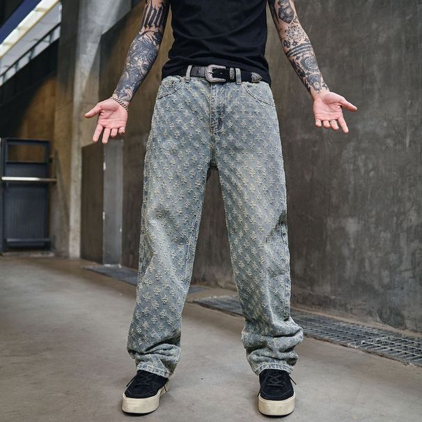 Men's Clothing Print High Street Fashion Brand Ins Design Jeans Loose Straight Washed Wide Leg Long Pants_mkmklike.com