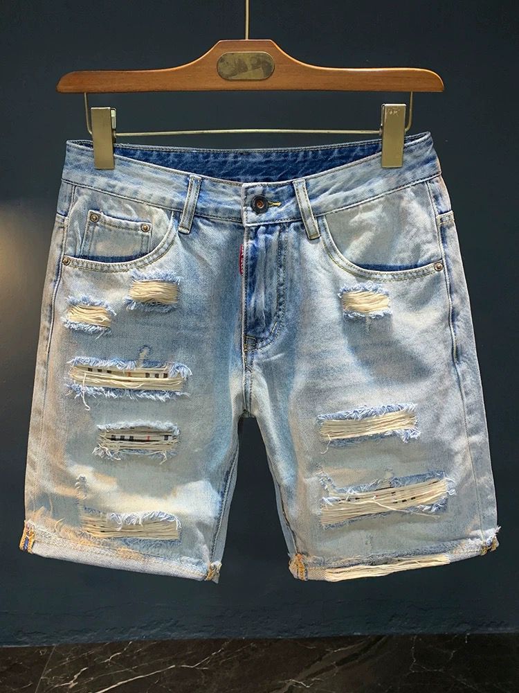 Men's Ripped Denim Shorts Trendy Loose Fit Patchwork Distressed And Washed Summer Clothing_mkmklike.com