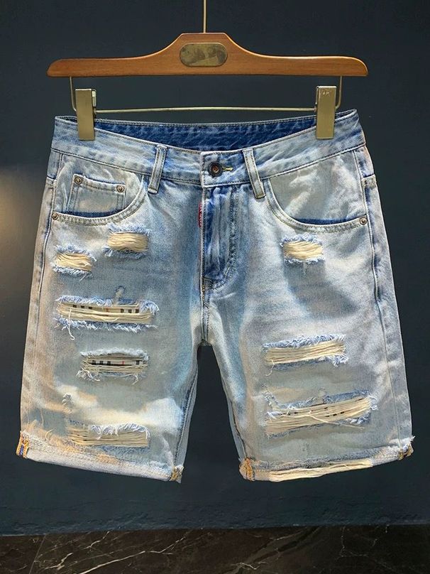 Men's Ripped Denim Shorts Trendy Loose Fit Patchwork Distressed And Washed Summer Clothing_mkmklike.com