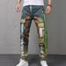 Streetwear Distressed Jeans For Men – High-Street Slim Fit Paint-Splatter Denim Pants, Non-Stretch Skinny Fit (28-40, Olive Green)_mkmklike.com