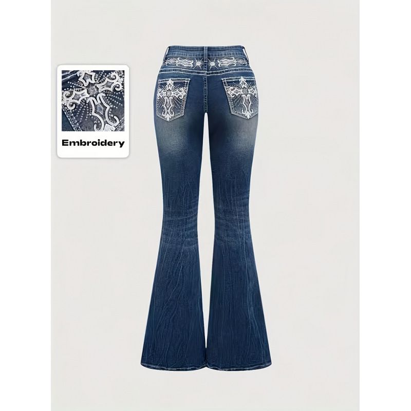 Women's Embroidered Back Pocket Flare Jeans - Rhinestone Accents & High Waist Stretch Denim (Blue, S-2XL)_mkmklike.com