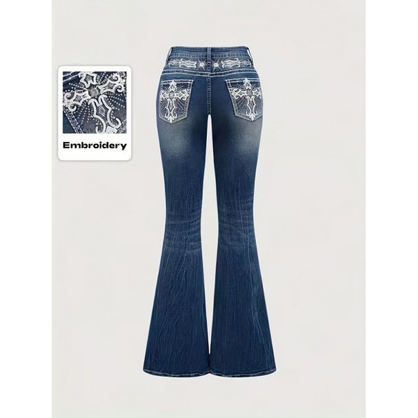 Women's Embroidered Back Pocket Flare Jeans - Rhinestone Accents & High Waist Stretch Denim (Blue, S-2XL)_mkmklike.com