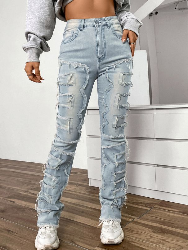 Women's Embroidered Pants European And American Fashion Ins Hot Elastic Patch Layered Straight Denim For Women_mkmklike.com