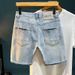 Men's Trendy Ripped Stretchy Slim Fit Jeans mid Length Shorts Blue Korean Style Basic Straight Leg Embroidered Patches_mkmklike.com