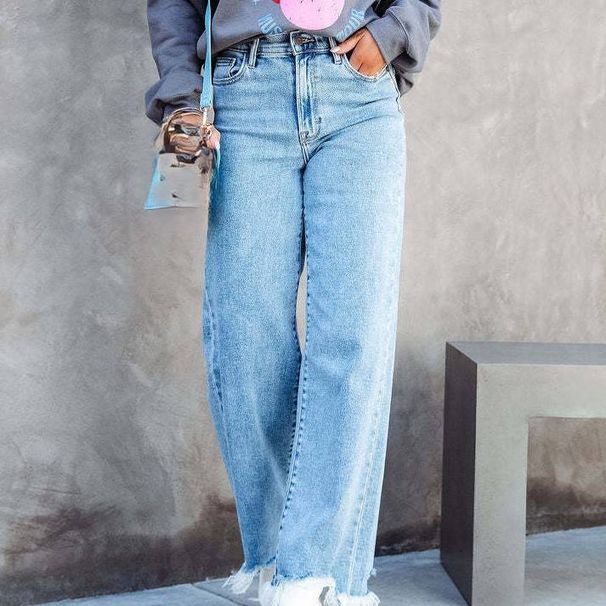 Women's Clothing New Washed High Waist Denim Casual Fringed Trousers For Women_mkmklike.com