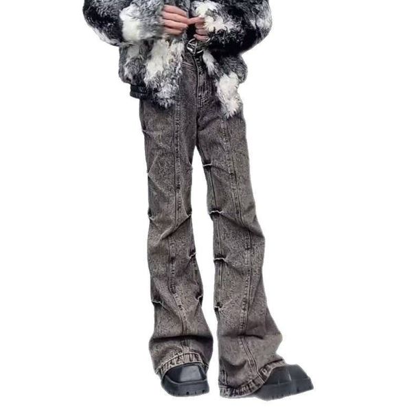 Men's Clothing American High Street Flared Jeans Men's Retro Old Wasteland Style Washed Pleated Loose Wide Leg Pants Trendy Trousers_mkmklike.com