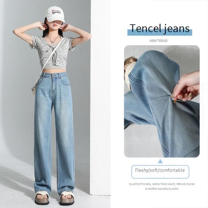 Women's Light Blue Tencel Jeans - Summer Loose Fit High Waist Flowy Wide Leg Pants With Vintage Wash & Breathable Fabric_mkmklike.com