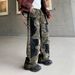 Vintage Camo Cargo Jeans – Retro Streetwear Baggy Pants With Distressed & Patchwork Details_mkmklike.com