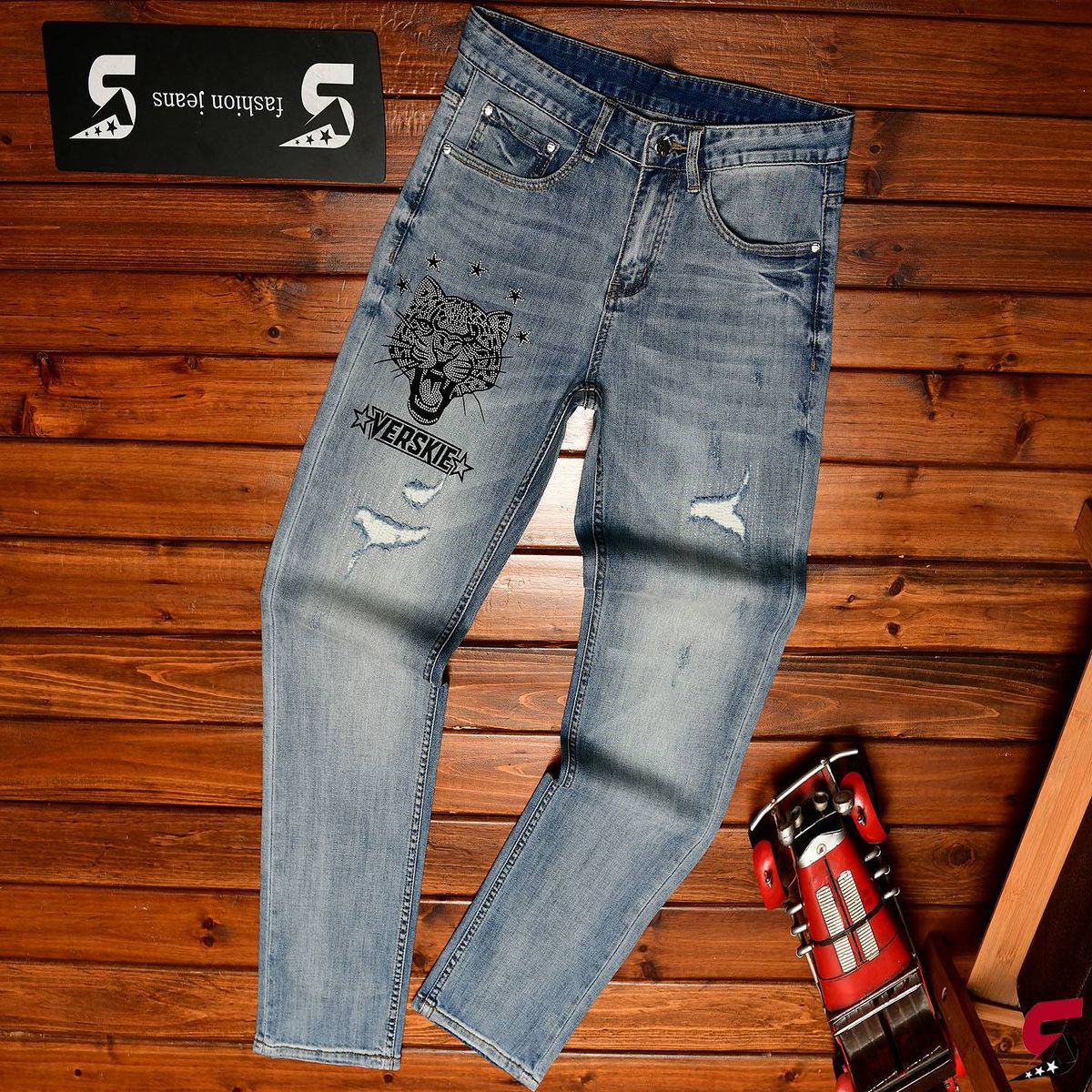 Men's Clothing Men's Slim Fit Straight Leg Jeans High End Trendy Leopard Print Rhinestone Hot Stamped Stretchy Fashionable Spring Summer Trousers_mkmklike.com