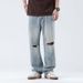 Current Summer Blue Ripped Wide-Leg Pants Young Korean Style Street Fashion Casual Versatile Straight-Leg Jeans For Men_mkmklike.com