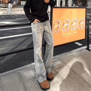 Men's Straight Leg Jeans – American Vintage Washed Blue Denim, Whiskering & Bamboo Pattern, High-Street Unisex Fit (S-XXXL)_mkmklike.com