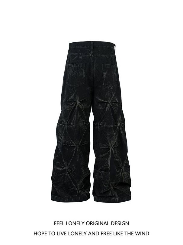 Men's Clothing Spring And Summer Retro Niche Pleated Design Fashion Loose High End Couple Jeans_mkmklike.com