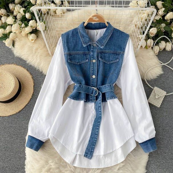 Women's Clothing Polo Collar Denim Two-piece Long-sleeved Shirt With A Niche Mid-length Waist And Chic Top_mkmklike.com