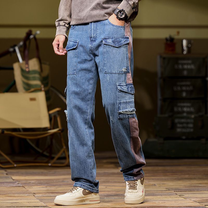 Contrasting Striped Jeans Men's Retro Loose Straight Pants American Multi-Pocket Tooling Version_mkmklike.com