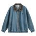 Vintage Blue Washed Denim Jacket For Men With PU Leather Collar - Detroit Style Workwear Coat_mkmklike.com