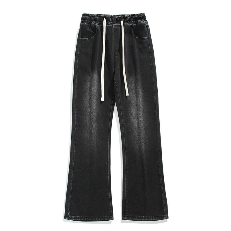 Men's Black Flared Jeans – Stretch Denim With Drawstring Waist & Fleece Lining (Gradient Black/Faded Black)_mkmklike.com