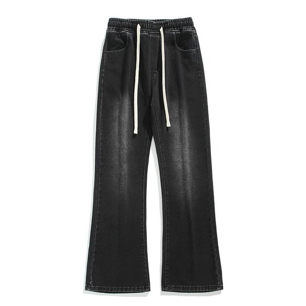 Men's Black Flared Jeans – Stretch Denim With Drawstring Waist & Fleece Lining (Gradient Black/Faded Black)_mkmklike.com