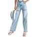 Distressed Straight-Leg Jeans For Women – High Waist Ripped Denim With Rhinestones (S-XL, Cotton, No Stretch, Fall Casual, Streetwear)_mkmklike.com