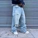 Men's High Street Ripped Jeans Y2K Washed Blue Casual Loose Straight Leg Pants_mkmklike.com