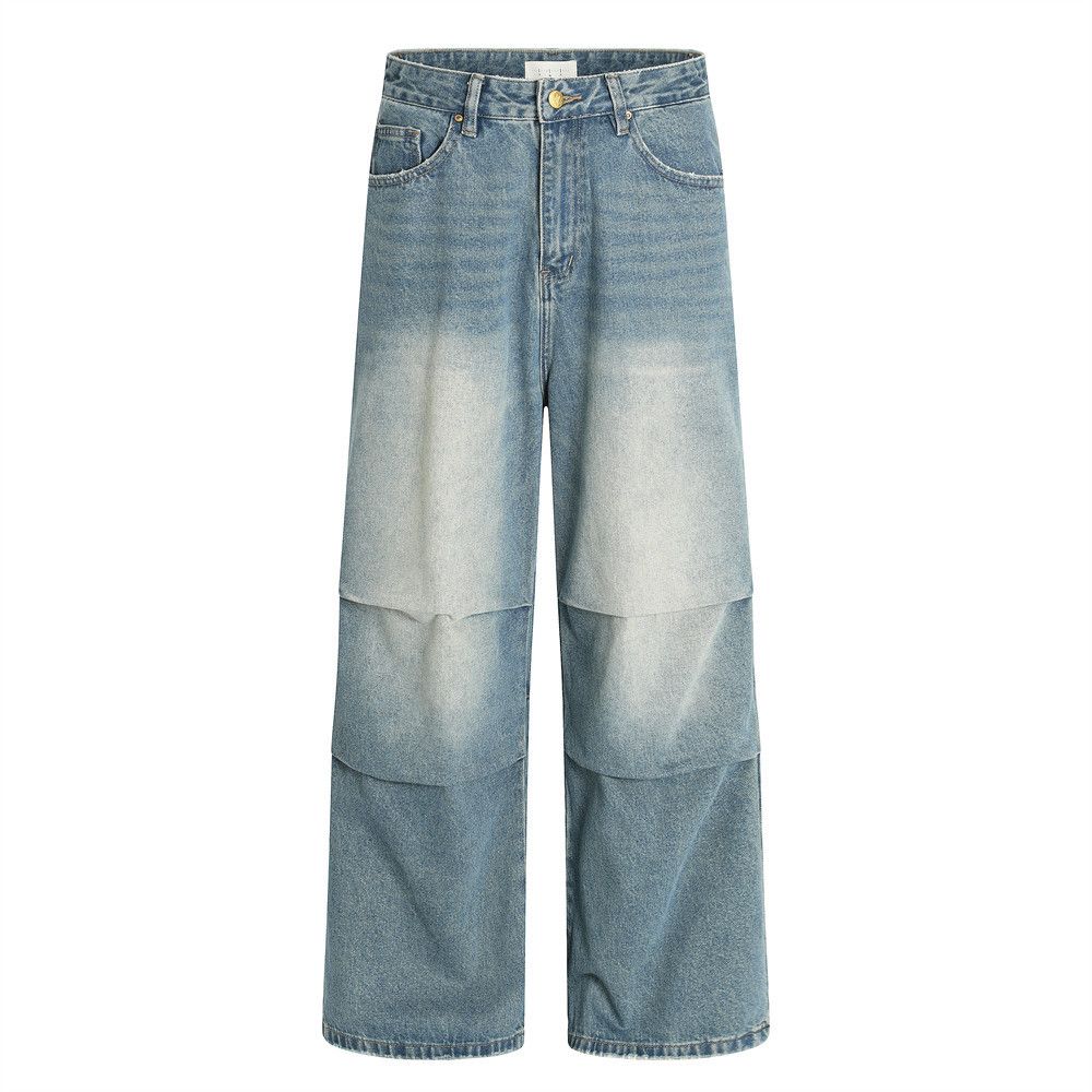 American Style Trendy Brand Ditreed Ripped Jean For Men With Wrinkled Deign Paratrooper Wide-Leg Straight Long_mkmklike.com