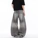 Grey Washed Distressed Splashed Ink Curved Jeans Men's Style American Street Trend Loose Wide Leg Casual Pants_mkmklike.com