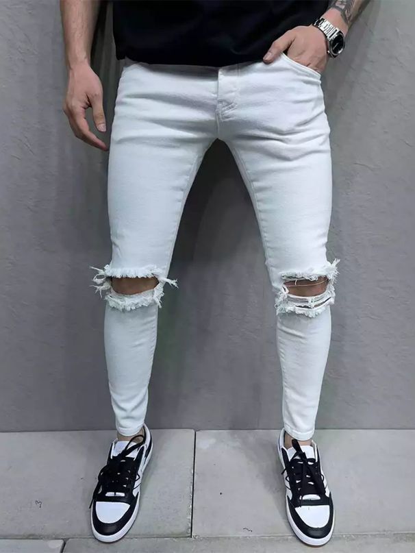 Men's Slim Fit Stretch Denim Jeans With Ripped Details - Mid Rise Skinny Pants For Casual & Streetwear_mkmklike.com