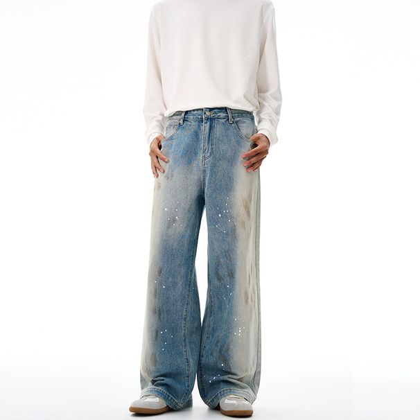 Men's & Women's Baggy Jeans With Handmade Splatter Paint & Vintage Wash - Loose Fit Straight Leg Denim Pants For Streetwear & Casual Style_mkmklike.com