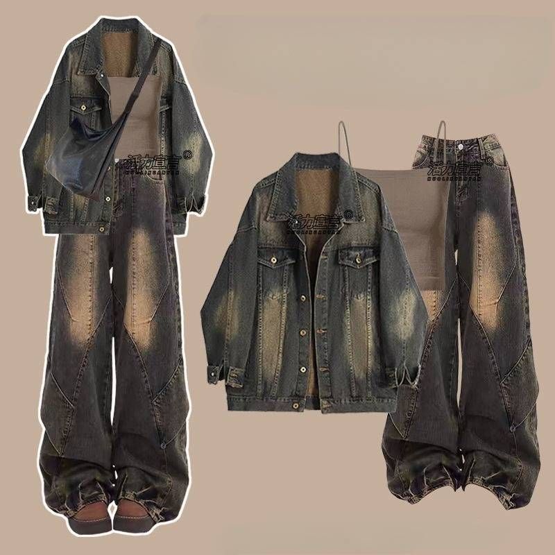 Women's Clothing Spring And Autumn Women's Clothing Set New Maillard Style Denim Jacket Suspenders With Retro Jeans Three Piece Suit_mkmklike.com