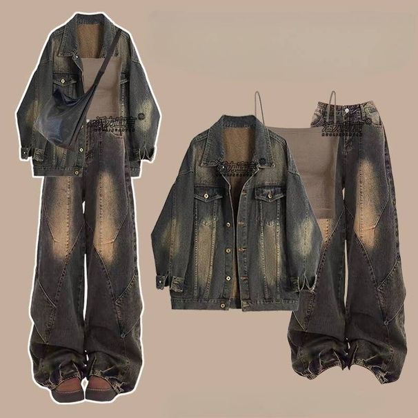 Women's Clothing Spring And Autumn Women's Clothing Set New Maillard Style Denim Jacket Suspenders With Retro Jeans Three Piece Suit_mkmklike.com