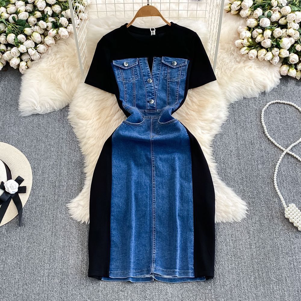 Ladylike Temperament Short-sleeved Round Neck Waist Slimming Denim Splicing A-line Dress Casual T-shirt Skirt_mkmklike.com
