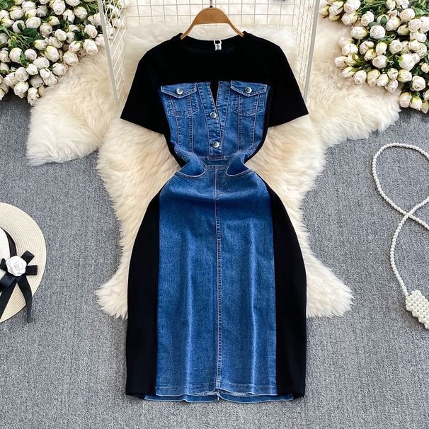 Ladylike Temperament Short-sleeved Round Neck Waist Slimming Denim Splicing A-line Dress Casual T-shirt Skirt_mkmklike.com