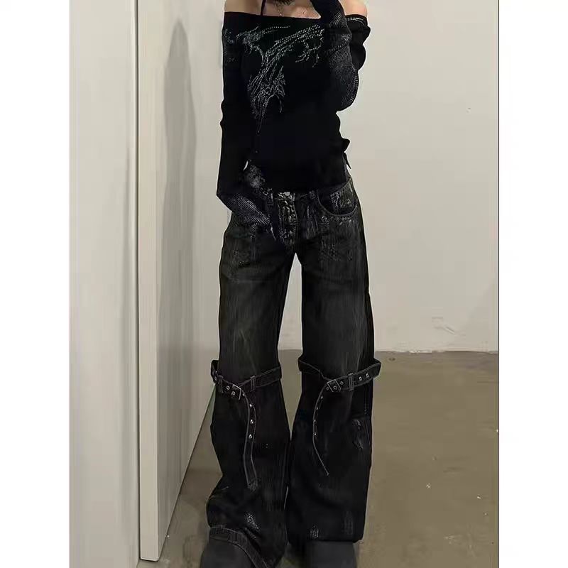 Y2k Dark American Retro Jeans With Deconstruction Design, Street Hip Hop Wide Leg Pants, Loose Trousers_mkmklike.com