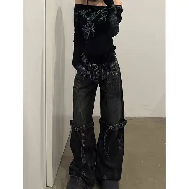 Y2k Dark American Retro Jeans With Deconstruction Design, Street Hip Hop Wide Leg Pants, Loose Trousers_mkmklike.com