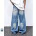 Unisex High Street Washed Denim Jeans - Vintage Banana Cut Wide Leg Pants With Distressed Details For Men & Women_mkmklike.com