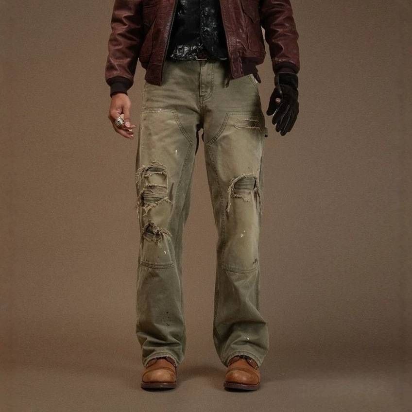 Men's Clothing Denim Trousers High Street Style Trendy Heavyweight Distressed Vintage Loose Fitting Straight Leg_mkmklike.com