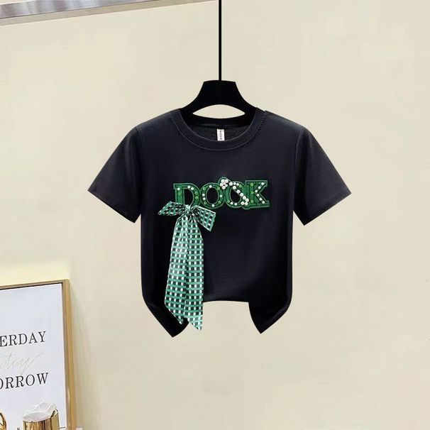 Women's Clothing fashion color matching embroidery short-sleeved T-shirt raw edge hip-wrapped A-line high waist denim skirt_mkmklike.com