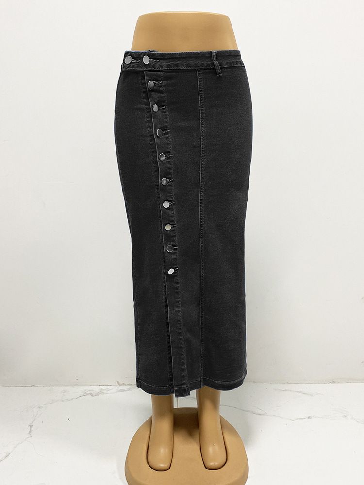 K Women's Button Irregular Slit Half Body Denim Skirt With High Waist And Sexy Slim Fit, Hip Hugging Skirt_mkmklike.com