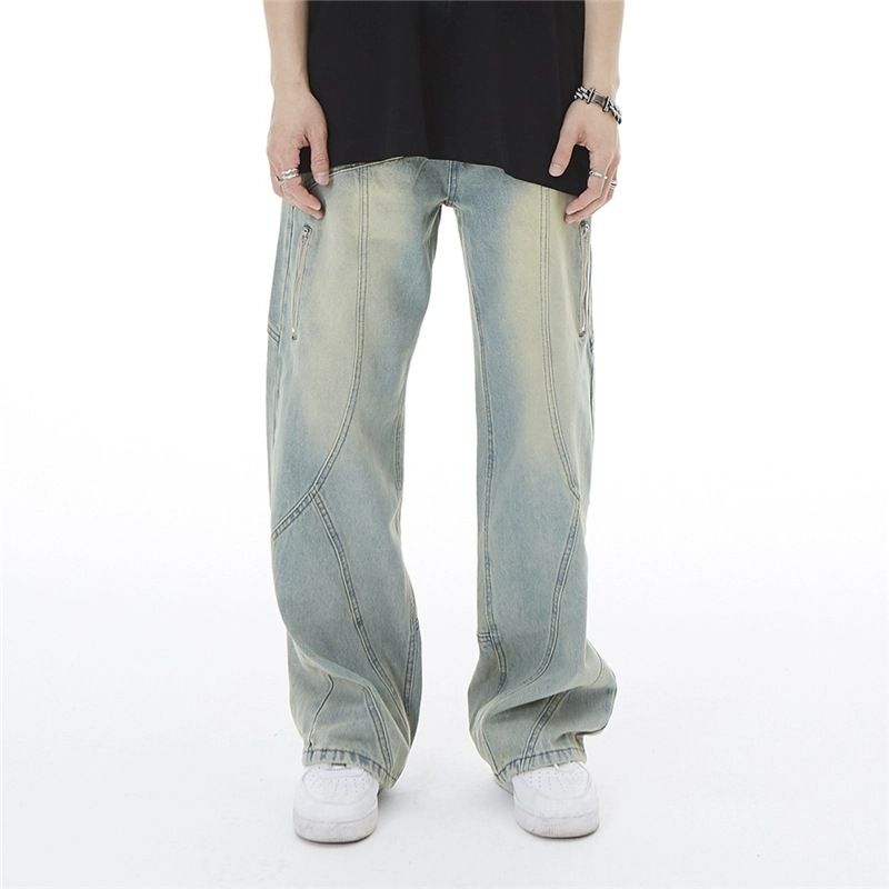 Men's Patchwork Deconstructed Jeans Trendy High Street Style Loose Straight Leg Wide Leg Retro Design_mkmklike.com