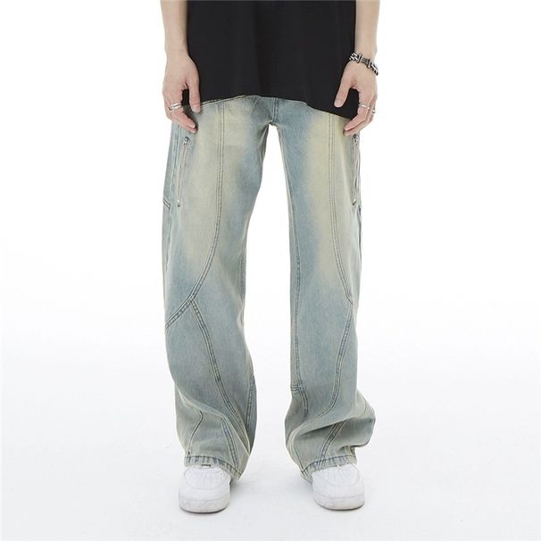 Men's Patchwork Deconstructed Jeans Trendy High Street Style Loose Straight Leg Wide Leg Retro Design_mkmklike.com