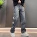 Men's Retro Distressed Denim Pants – Loose Straight-Leg Ripped Jeans With Vintage Wash, Classic Button Fly_mkmklike.com