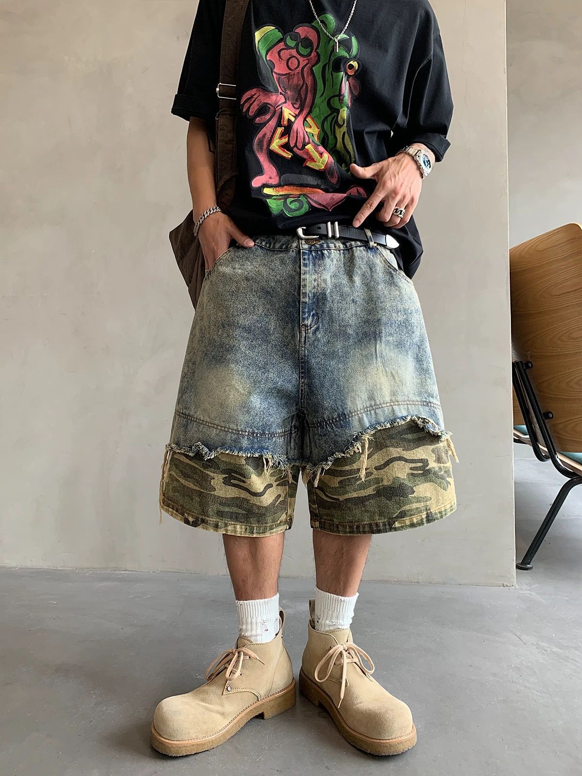 Men's Clothing Men's Summer Retro Faux Denim Shorts High Waist Loose Fit Trendy Camouflage Two-Piece Set Five-Point Pants Streetwear_mkmklike.com