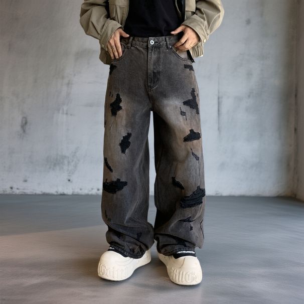 Men’s Distressed Black Jeans – Loose Fit Straight Leg With Faux Rips For Urban Street Style_mkmklike.com