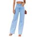 Women's Flared Stretch Denim Pants - High Waist Wide Leg, Vintage Washed Blue, Office-to-Weekend Versatility_mkmklike.com