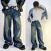 Men's Clothing Retro Deconstructed Distressed Ink Straight Jeans_mkmklike.com