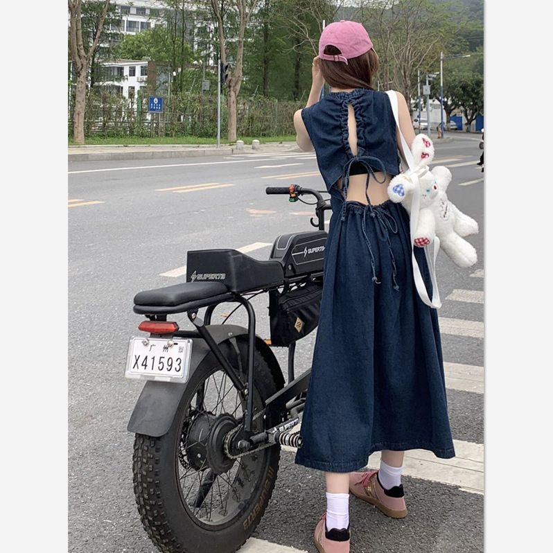 French Denim Dress For Female Students, New Summer Style With A Slim Waist And Drawstring, Hollowed Out Long Skirt At_mkmklike.com